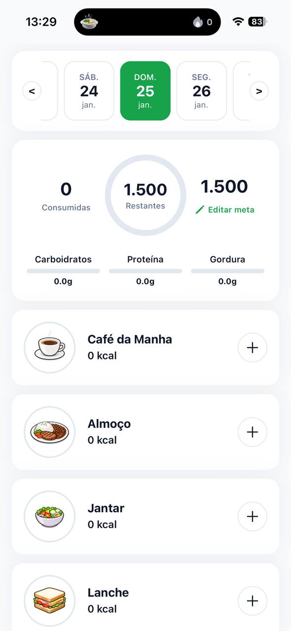 Interface do Caloriza mostrando contagem de calorias